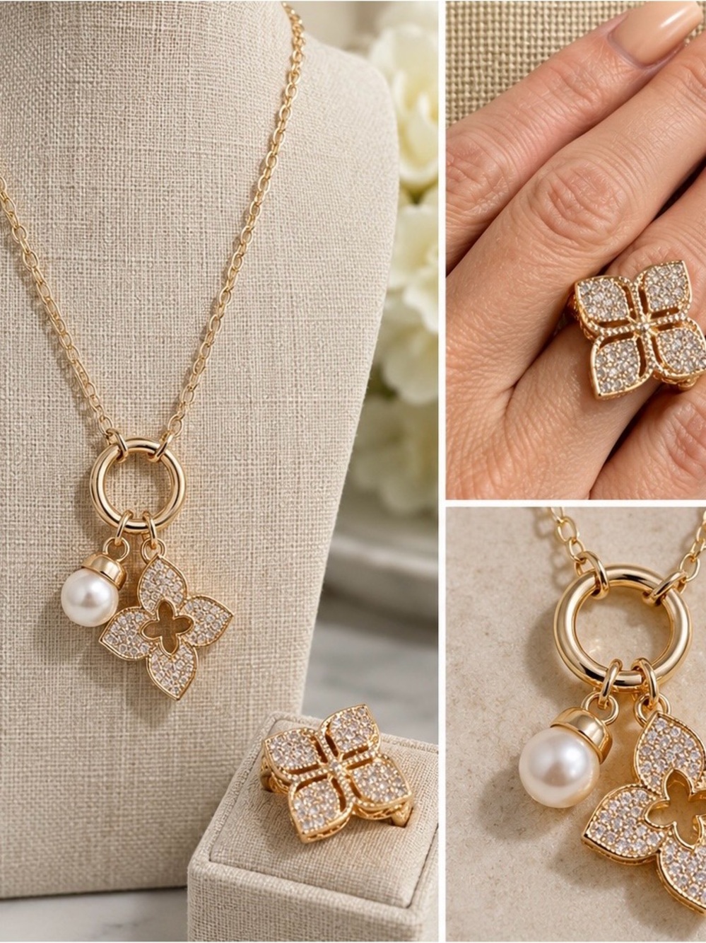 Gold Floral Pavé Pendant Necklace with Pearl Charm and matching ring sz 7